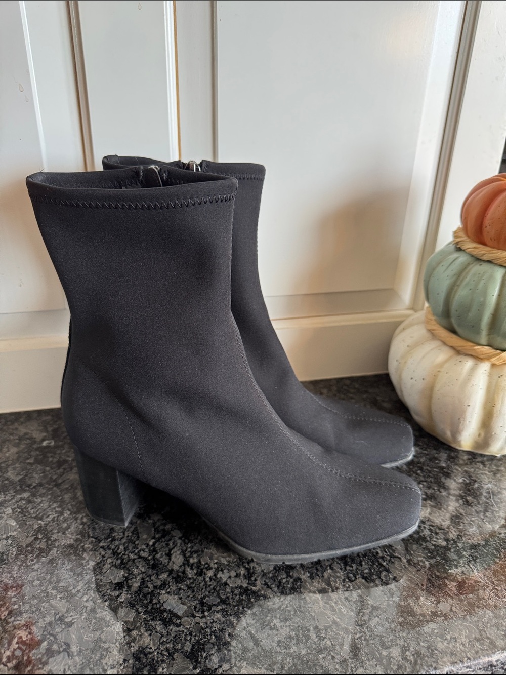 AEROSOLES Black Stretch Sock Ankle Boots with Block Heel